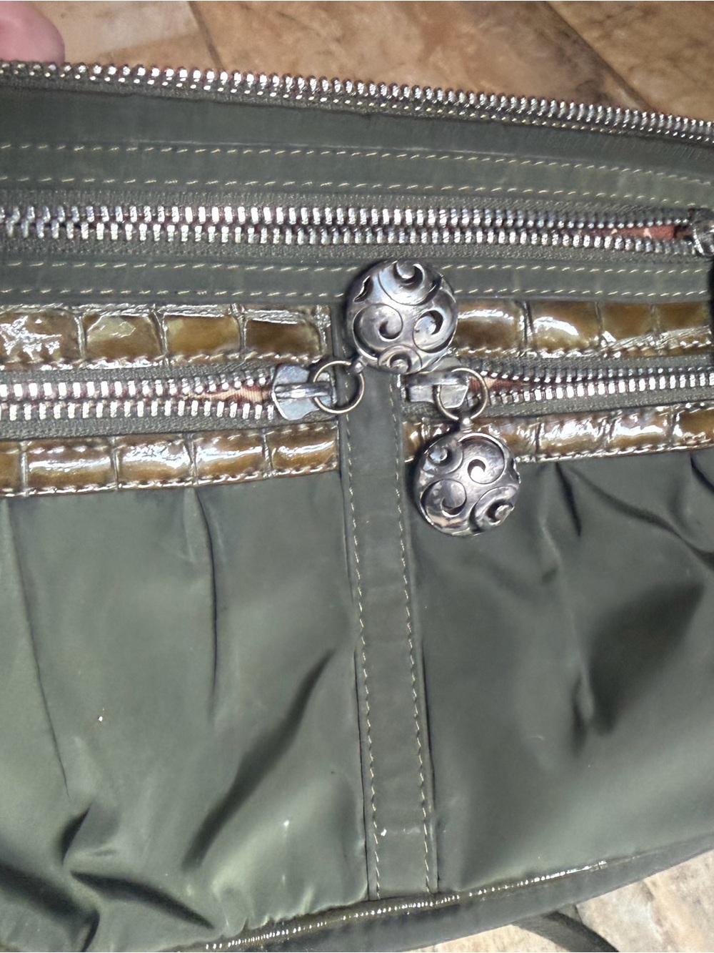 Brighton Olive Green Crossbody Bag with Silver-Tone Decorative Zipper Pulls